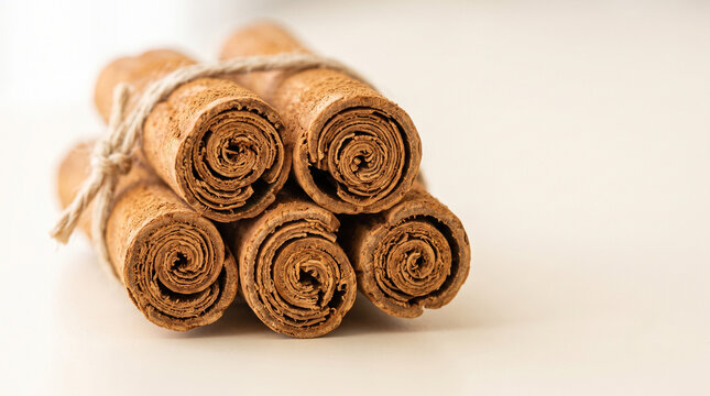 Bundle of cinnamon sticks tied with twine, spiral ends macro on ivory background