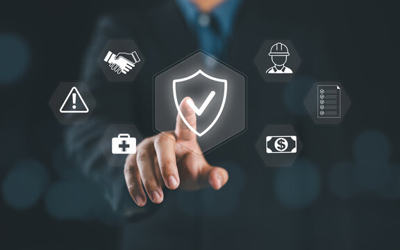 Work Safety and Compliance Concept, Safety First, A person with work safety and compliance icons, including a shield, hard hat, checklist, workplace safety, health protocols, and regulatory compliance