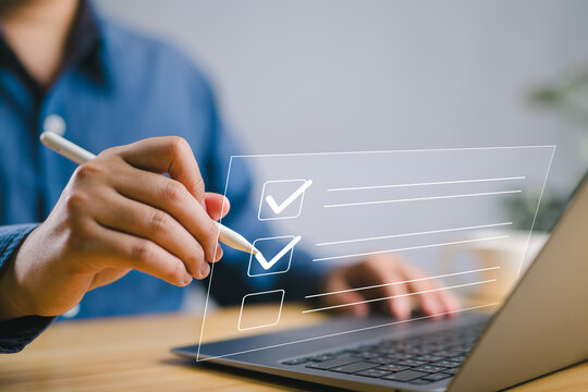 Questionnaire with checkboxes, filling survey form online, answer questions of test. Survey form concept. Education futuristic technology and learning concept.