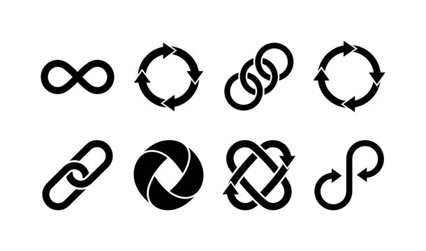 Infinity Loop Symbols, solid glyph icon set featuring infinity loop, circular arrows, linked rings, continuous path, repeat arrows, endless cycle, chain link, recycling arrows, covering infinity,