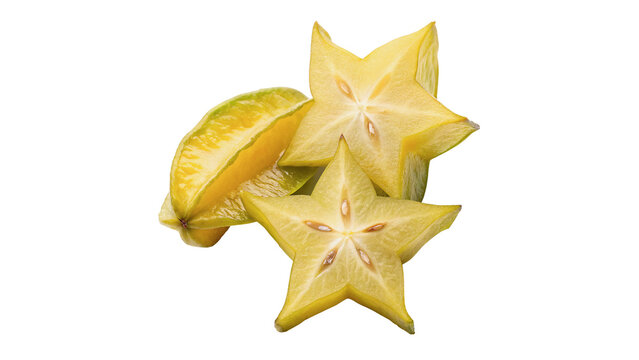 Whole and sliced fresh star fruit carambola isolated on transparent background.