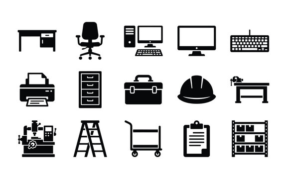Industrial and office equipment icon collection featuring furniture tools and workshop machinery silhouettes set graphic.