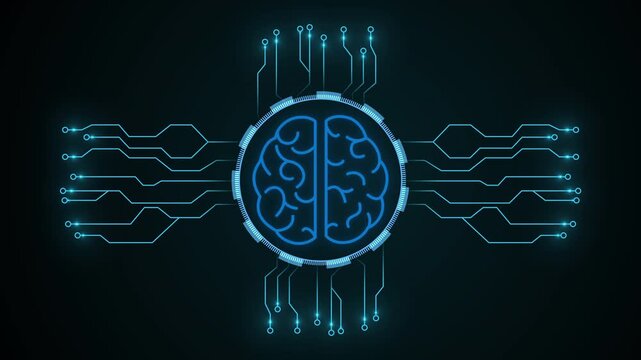 Neon glowing hologram of the human brain and pulsing signals