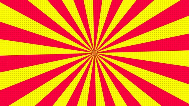 Rotating red and yellow sunburst background with a halftone dot pattern