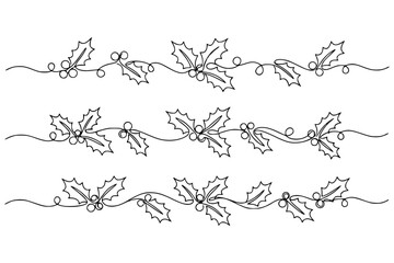 Obraz premium Repeating holly leaves and berries form a black line art border on a white background, conveying festive winter decoration