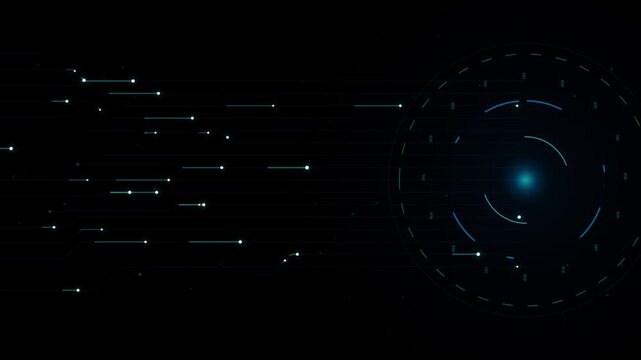 Futuristic digital data stream flowing towards a glowing central hub with abstract light particles and circular h u d on a dark background