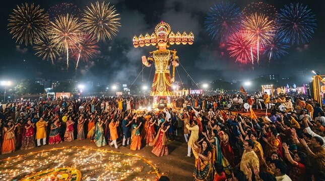 Grand Dussehra festival celebration with effigy of Ravana and fireworks
