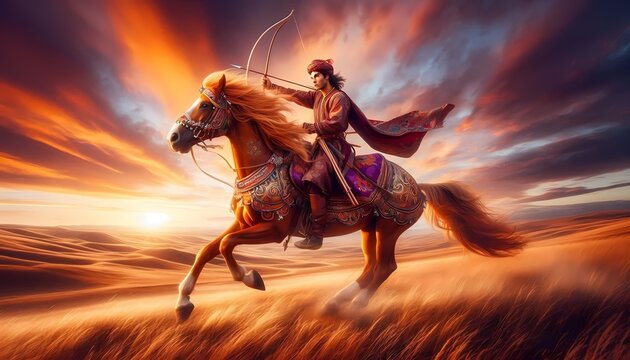 A colorful scene of a brave young man in a traditional caftan, riding a majestic golden-maned horse across a vast steppe, holding a drawn bow, Ai generated image