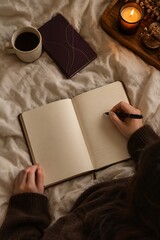 Obraz premium Cozy Morning Journaling in Bed with Coffee Cup and Lit Candle, Woman Writing in Notebook, Hygge Lifestyle