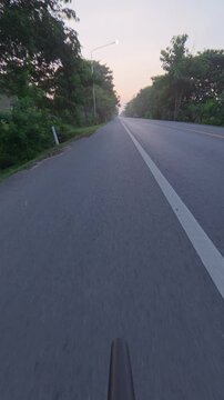 POV footage of a road cyclist riding along a quiet tree-lined road at dusk, with soft evening light, smooth asphalt and a peaceful outdoor cycling atmosphere.
