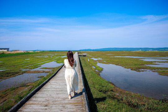 Scenic wooden boardwalk walkway through Tofutsu Lake wetland and marshland in Abashiri, Hokkaido, Japan
