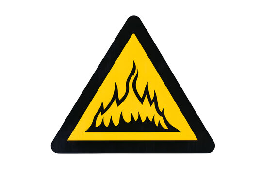 Warning sign showing flames on yellow triangle for fire hazard alert.