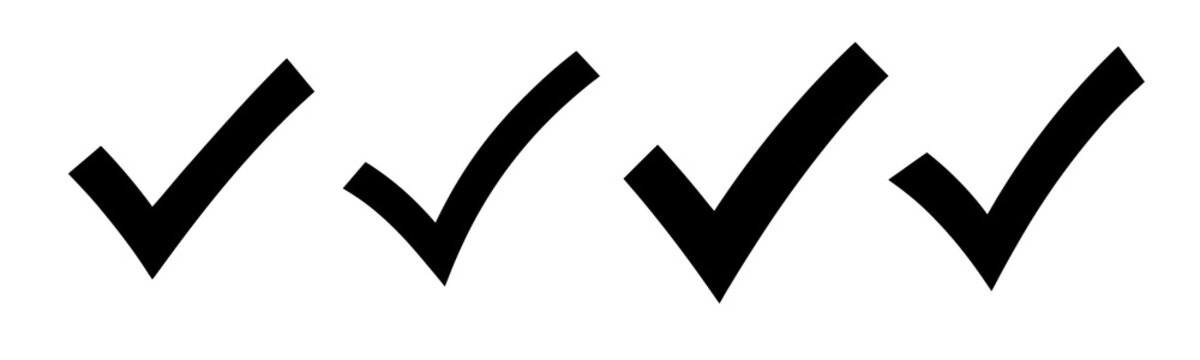 Four bold black check marks aligned across white background in clean minimal composition for approval verification and choice concepts