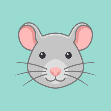 Cartoon mouse face with large ears and pink nose against light blue background with eyes simple gray