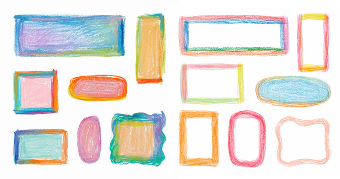 Organic crayon doodles featuring hand-drawn frames and wavy borders. Pastel rectangles with textured lines, ideal for children's art, cute labels, and creative backgrounds.