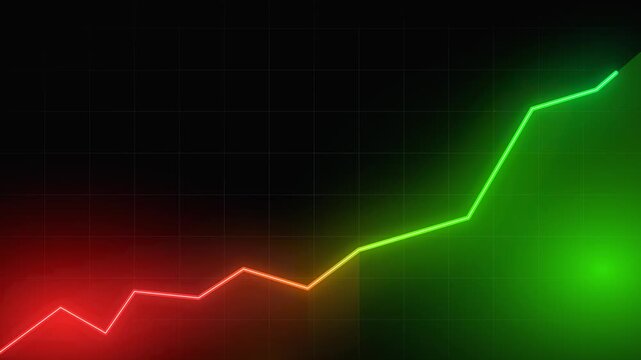 Financial growth chart displays glowing green and red neon line graphs rising upward against a dark grid background, symbolizing economic recovery and market success.