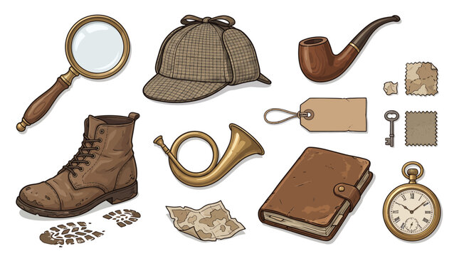 A vintage collection of detective and adventure items, featuring a deerstalker hat, magnifying glass, pipe, boot, and pocket watch.