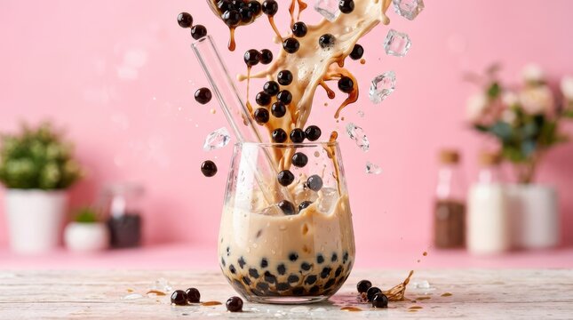 Iced bubble tea with tapioca pearls splashing in a glass on a pink background