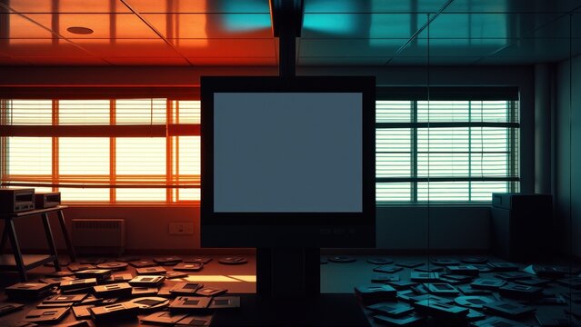 Dark office room. Photos scattered across floor. Large screen dominates space. Dramatic lighting creates mood.