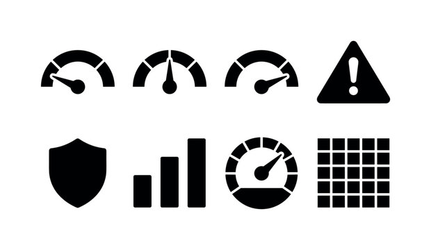 Risk Gauge Levels, solid glyph icon set featuring low-risk gauge, medium-risk gauge, high-risk gauge, warning triangle, shield, bar chart, speedometer, risk matrix, covering risk meter, minimum