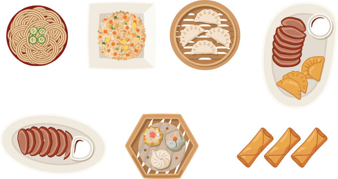 Traditional Asian food vector set with dim sum noodles fried rice duck and spring rolls