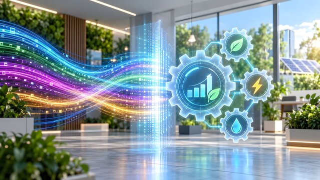 Holographic ESG data interface showing sustainable energy resource management and digital transformation in a green corporate office building
