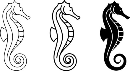 Minimalist seahorse vector illustration icons set in outline and black silhouette graphic design. © kazi