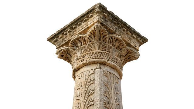 Ancient classical stone column pillar capital ruin isolated on transparent background.