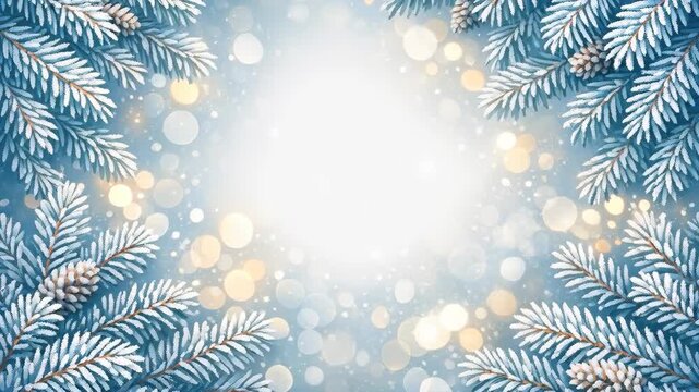 Snowy Pine Branches and Pinecones with Sparkling Bokeh Background