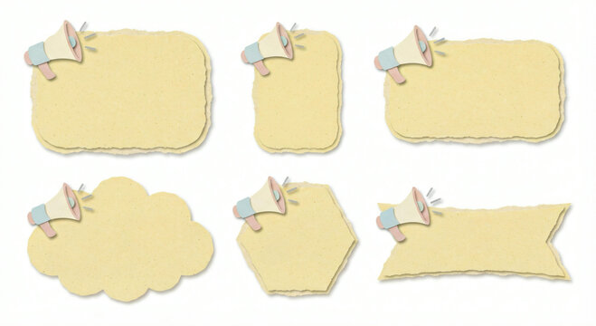Set of six paper cutouts with torn edges featuring megaphones and speech bubbles