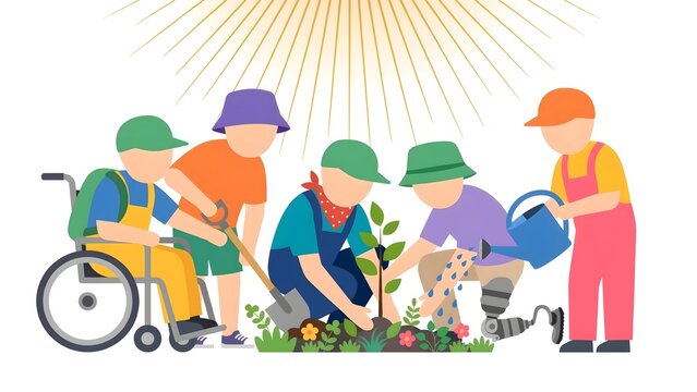 Diverse group of children with disabilities planting trees under sunlight. Flat vector illustration of inclusion, eco gardening, sustainability, earth day, and teamwork