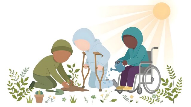 Diverse group of children with disabilities planting trees under sunlight. Flat vector illustration of inclusion, eco gardening, sustainability, earth day, and teamwork