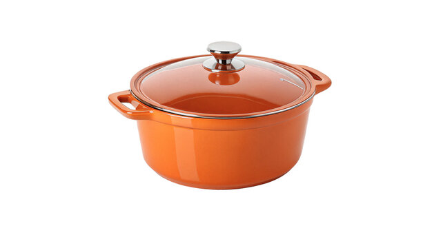 Round orange ceramic cooking pot casserole with lid isolated on transparent background.