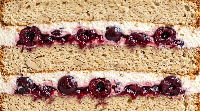 Macro studio shot of sponge cake layers with white whipped cream and dark cherry berry filling