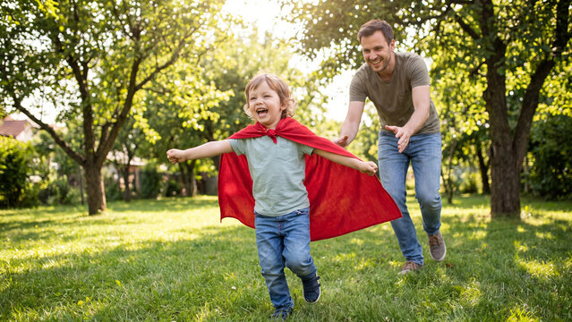 Excited child wearing homemade cape running through sunny garden while father chases for imaginative superhero pretend play and family fun