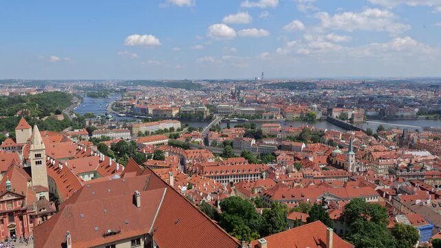 City of Prague from above, capital of Czech Republic. Cityscape with Lesser Town, Hradcany and Old Town, panning to the right.