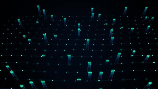 Futuristic digital grid with glowing neon bars and data points animated in a 3 d perspective abstract technology background for science and business