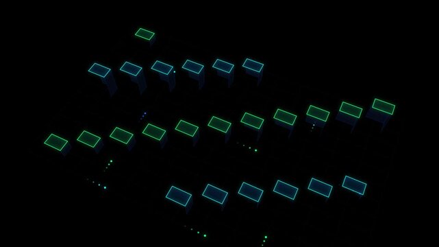 Futuristic digital grid abstract background glowing neon rectangles data flow technology concept dark environment glowing particles animation