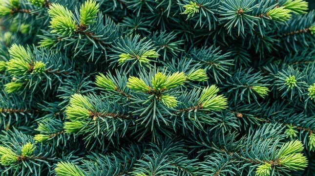 Close-up of Fresh Green New Growth on Blue Spruce Pine Tree Branches in Springtime Nature Background