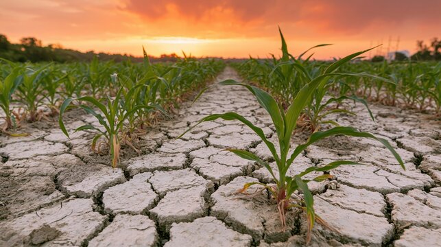 The Cracked Field With Emerging Corn Seedlings at Sunset Horizon