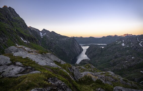 Evening mood, mountains and sea, sunset gag at the fjord Trollfjord and Raftsund, Lofoten, Nordland, Norway