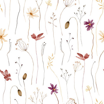 Watercolor seamless repeating pattern of dried meadow flowers with mauve cosmos, cream daisies, terracotta leaves, grasses, and poppy seed pods on white background. Vertically arranged thin stems