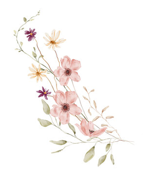 Hand painted watercolor vertical bouquet with pink poppy flowers, cream daisies, deep raspberry blooms, leaves, dried seed pods and thin twigs in soft blush terracotta palette on white background