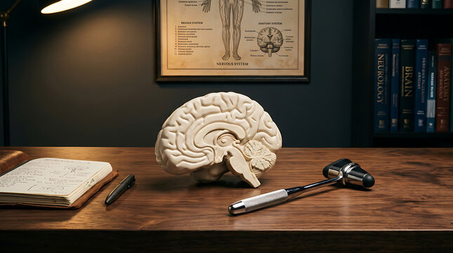 Brain anatomy model and reflex hammer on a wooden desk with a neurology textbook and study chart