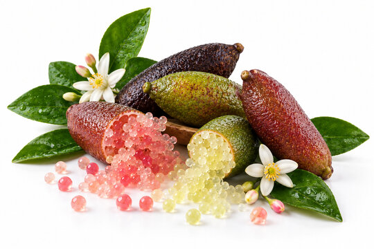 Colorful Australian Finger Limes with Citrus Caviar Pearls on White