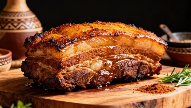 Liberian roasted pork, with a tangy citrus marinade and spices, served with rice and greens, on a wooden board, representing the West African flavors of Liberia