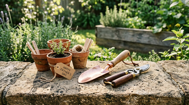 Father's day gardening gift photo with potted plants, trowel, and pruners on a stone paver