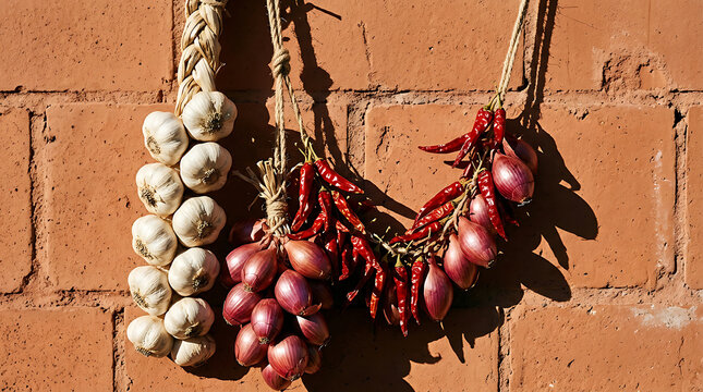 Garlic and chili photo hanging on brick wall, traditional dried herbs and spices for cooking