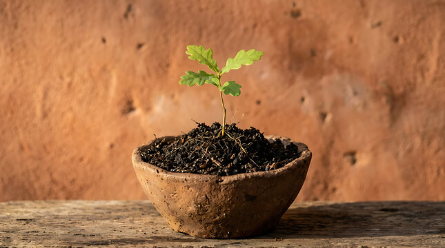 Oak sapling sprouting in clay pot photo with rich soil and wooden surface against a warm textured background