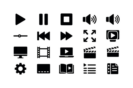 Desktop Video Player Icons, solid glyph icon set featuring monitor, play button, pause button, video frame, progress bar, volume icon, fullscreen symbol, course screen, movie panel and media controls,